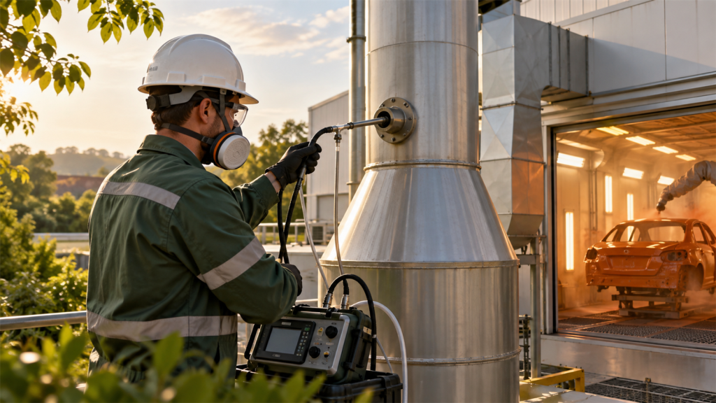 Técnico ambiental monitora emissões atmosféricas em cabine de pintura industrial