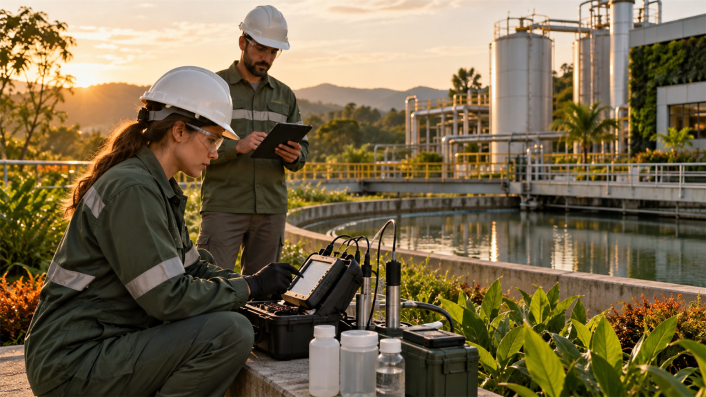 Técnico ambiental realizando monitoramento de emissões e recursos naturais