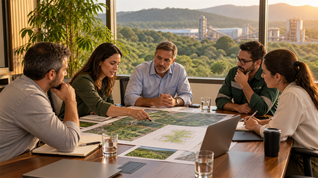 Equipe de consultoria ambiental em reunião com gestores industriais